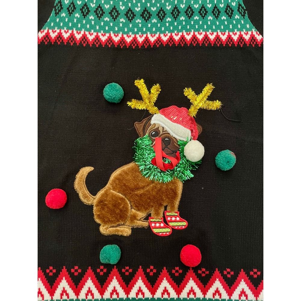 Holiday Time Ugly Christmas Sweater Tunic Women 2X Black Pug Reindeer Excellent
